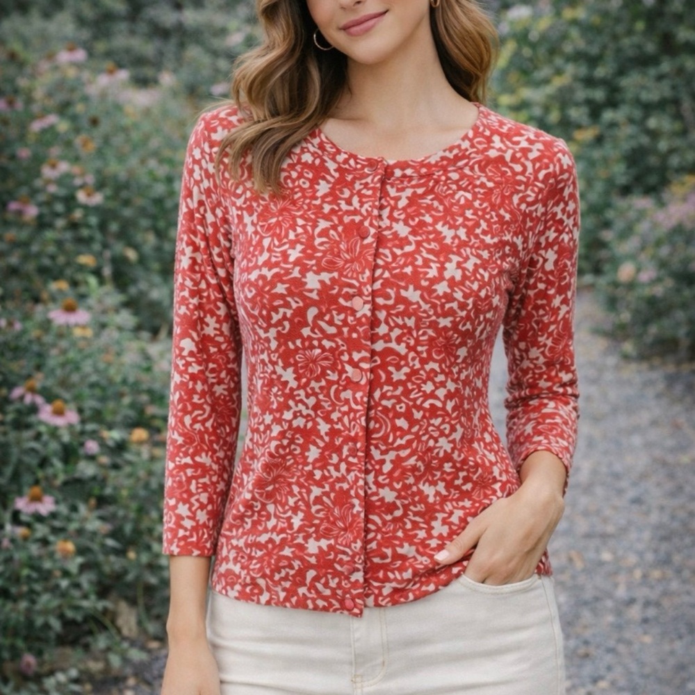 Talbots Womens Cardigan Sweater Red Pink Cream S Small Cotton Floral